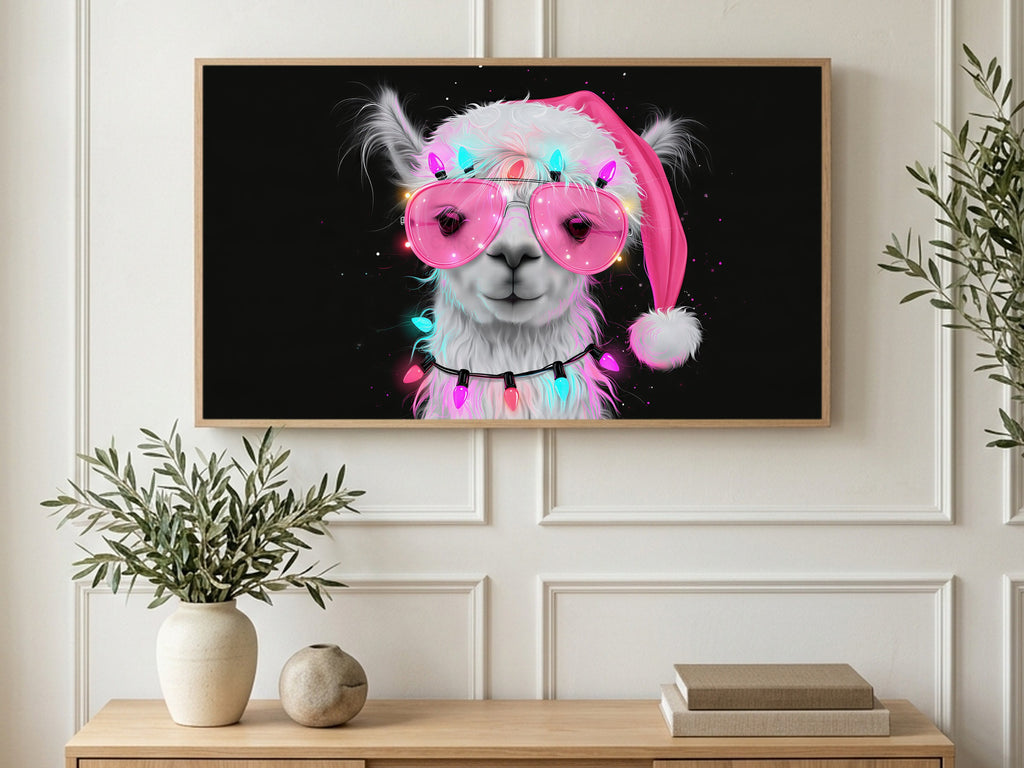 Pink Shades Llama art on a TV in a living room