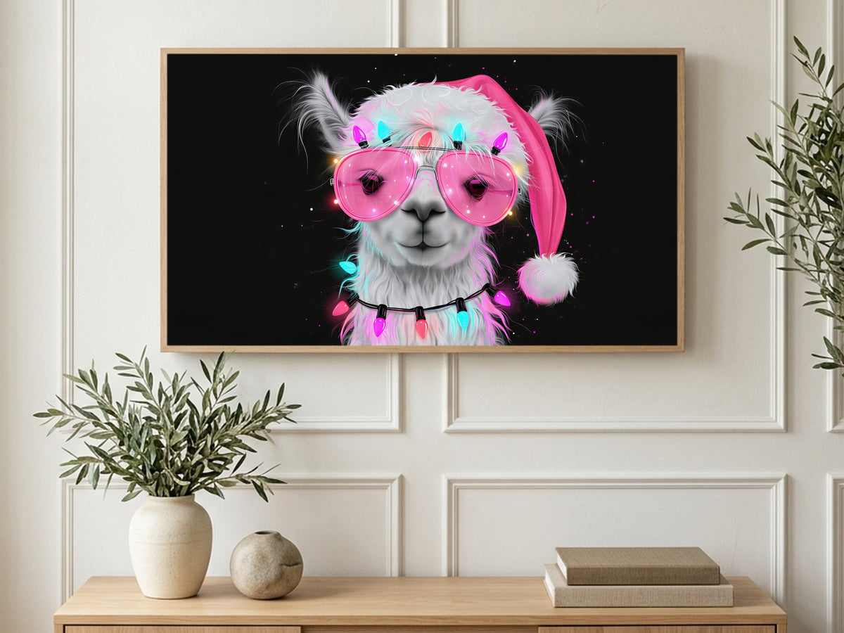 Pink Shades Llama art on a TV in a living room