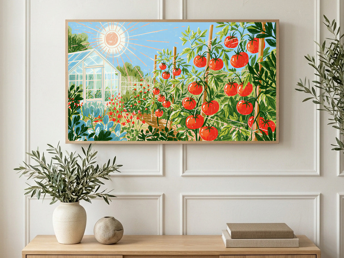 Sunny Tomato Garden art on a TV in a living room