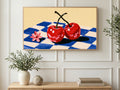Checkerboard Cherries art on a TV in a living room