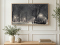 Snowy Park Lamplight art on a TV in a living room