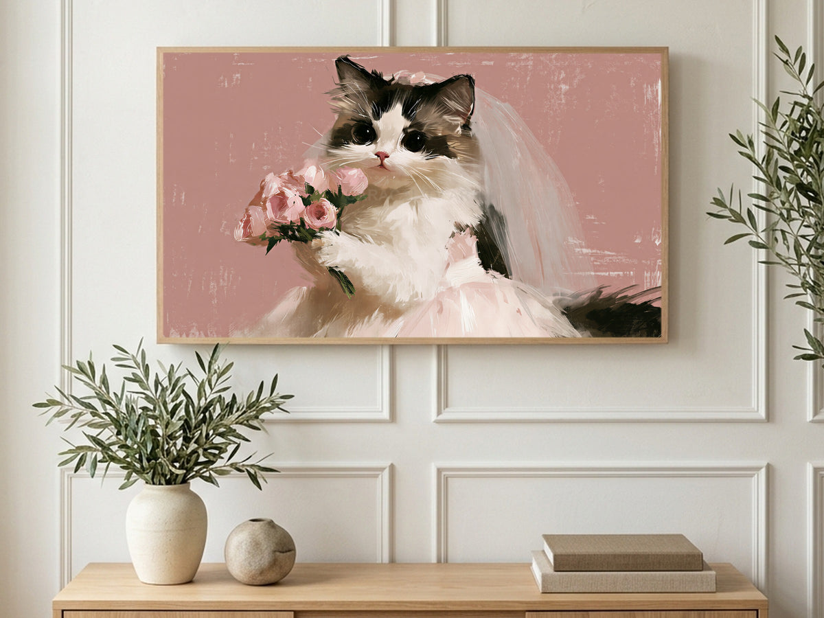 Cat Bride with Roses art on a TV in a living room
