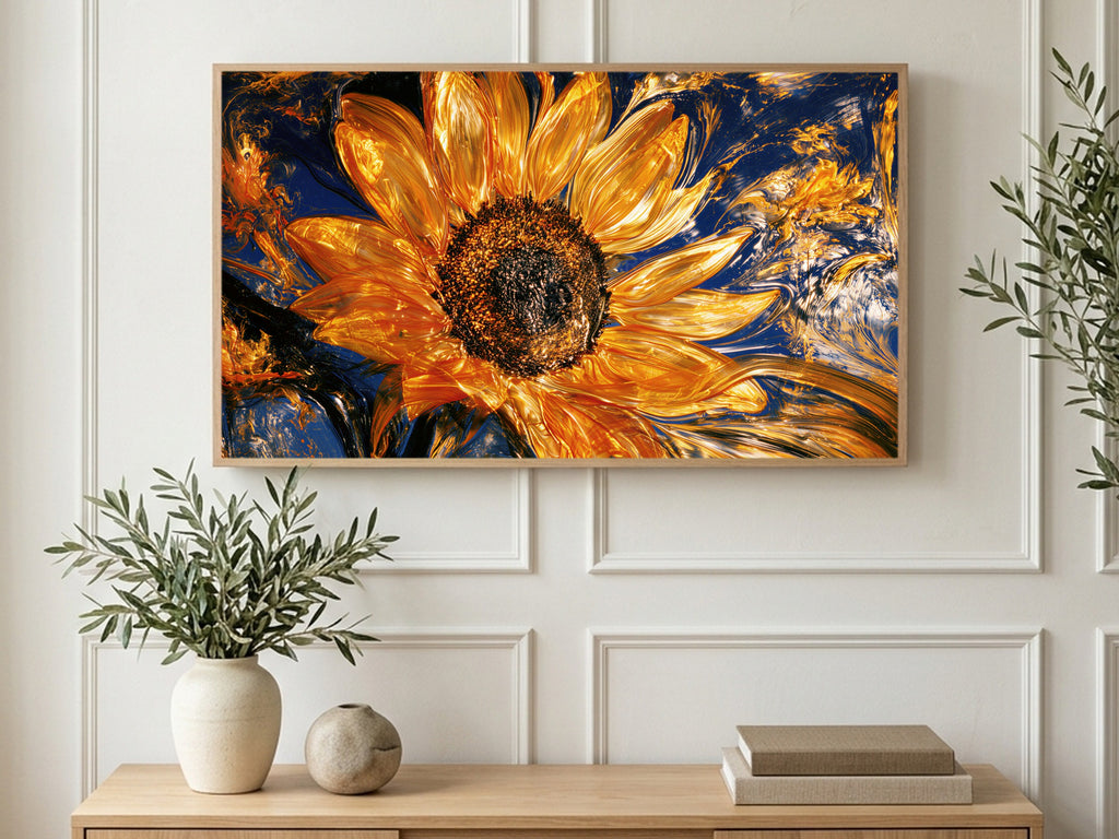 Liquid Gold Sunflower art on a TV in a living room
