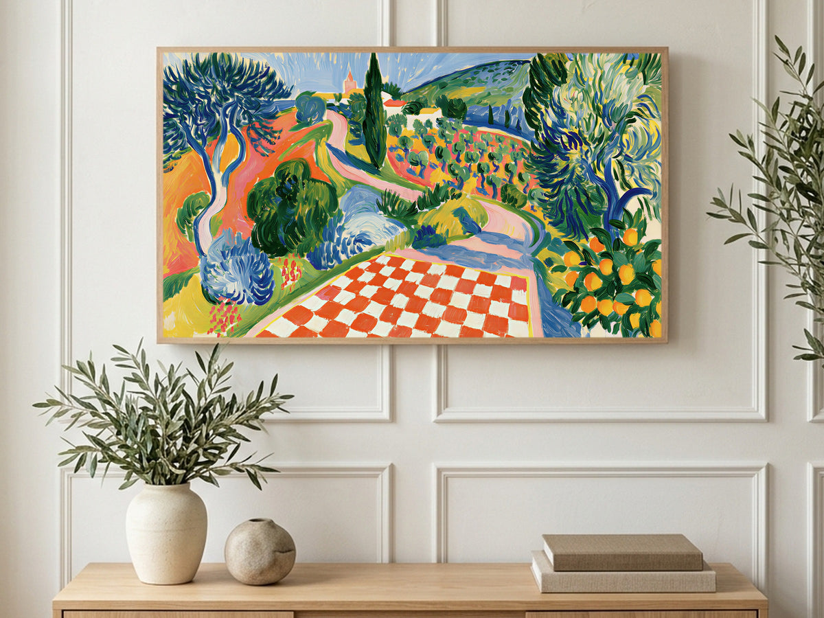 Checkerboard Italian Countryside art on a TV in a living room