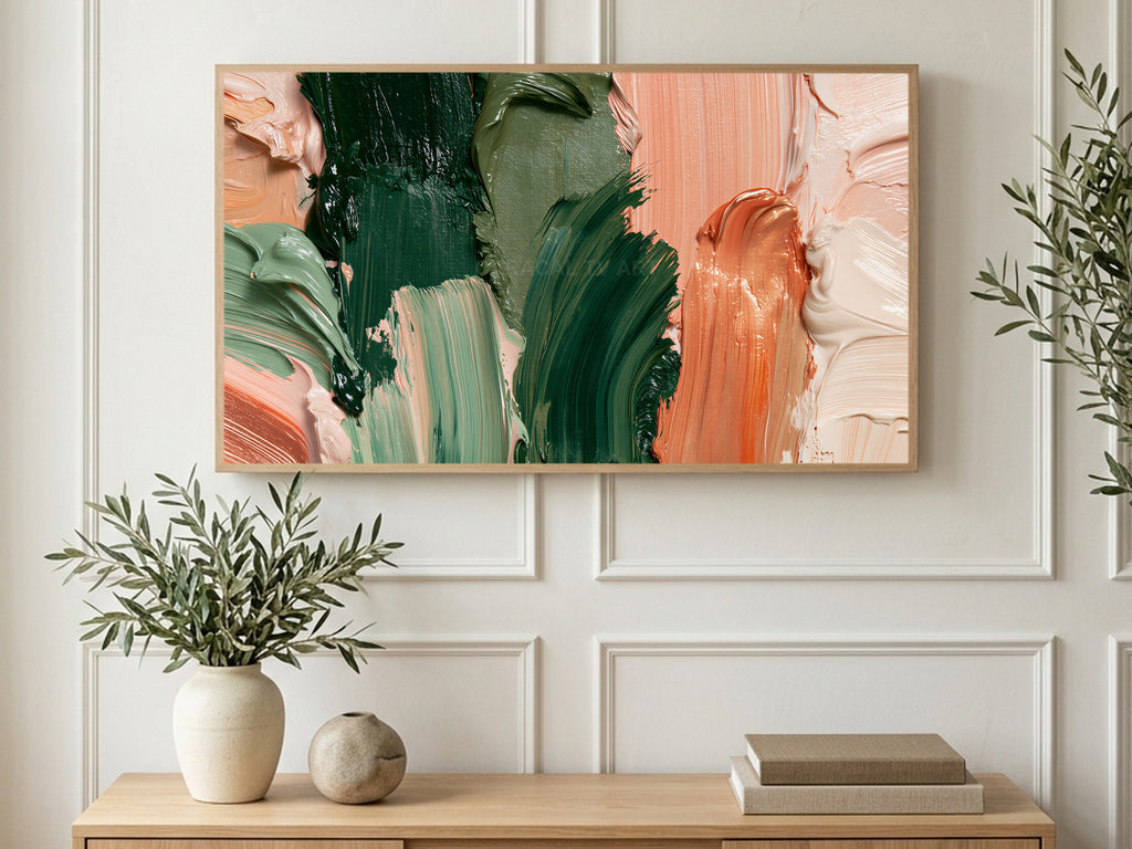 Forest Green Copper Strokes art on a TV in a living room