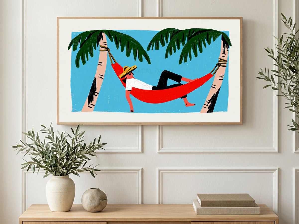 Hammock Under Palms art on a TV in a living room