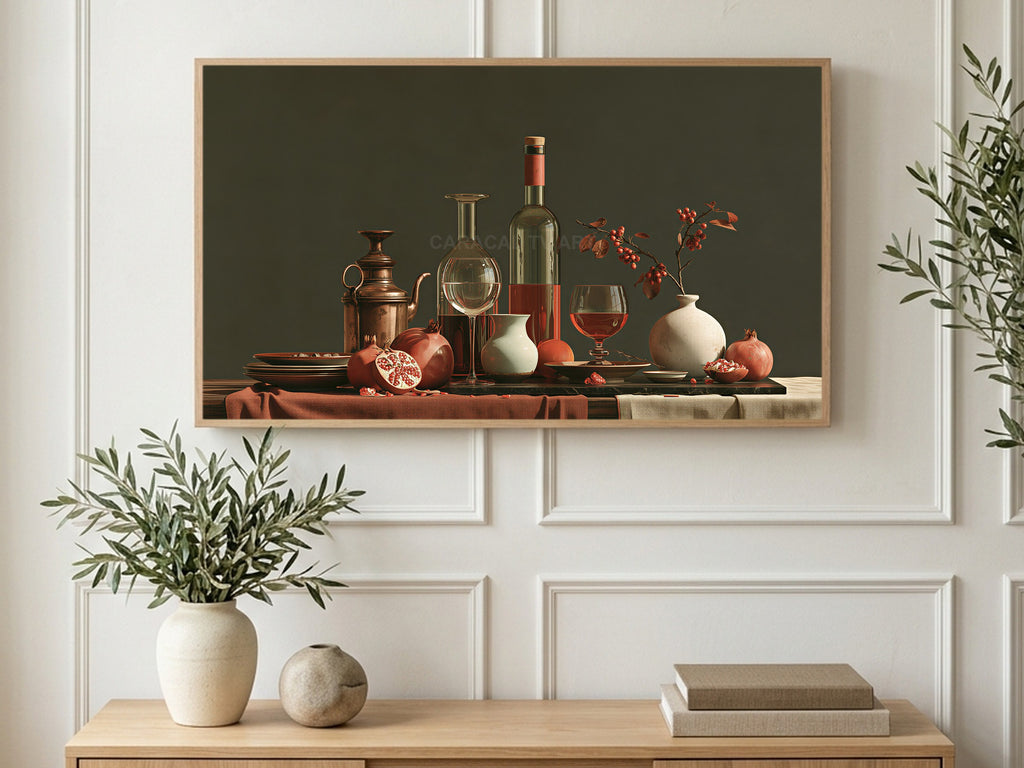 Pomegranates and Copper Jug art on a TV in a living room