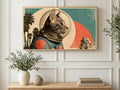 Astronaut Tabby Cat art on a TV in a living room
