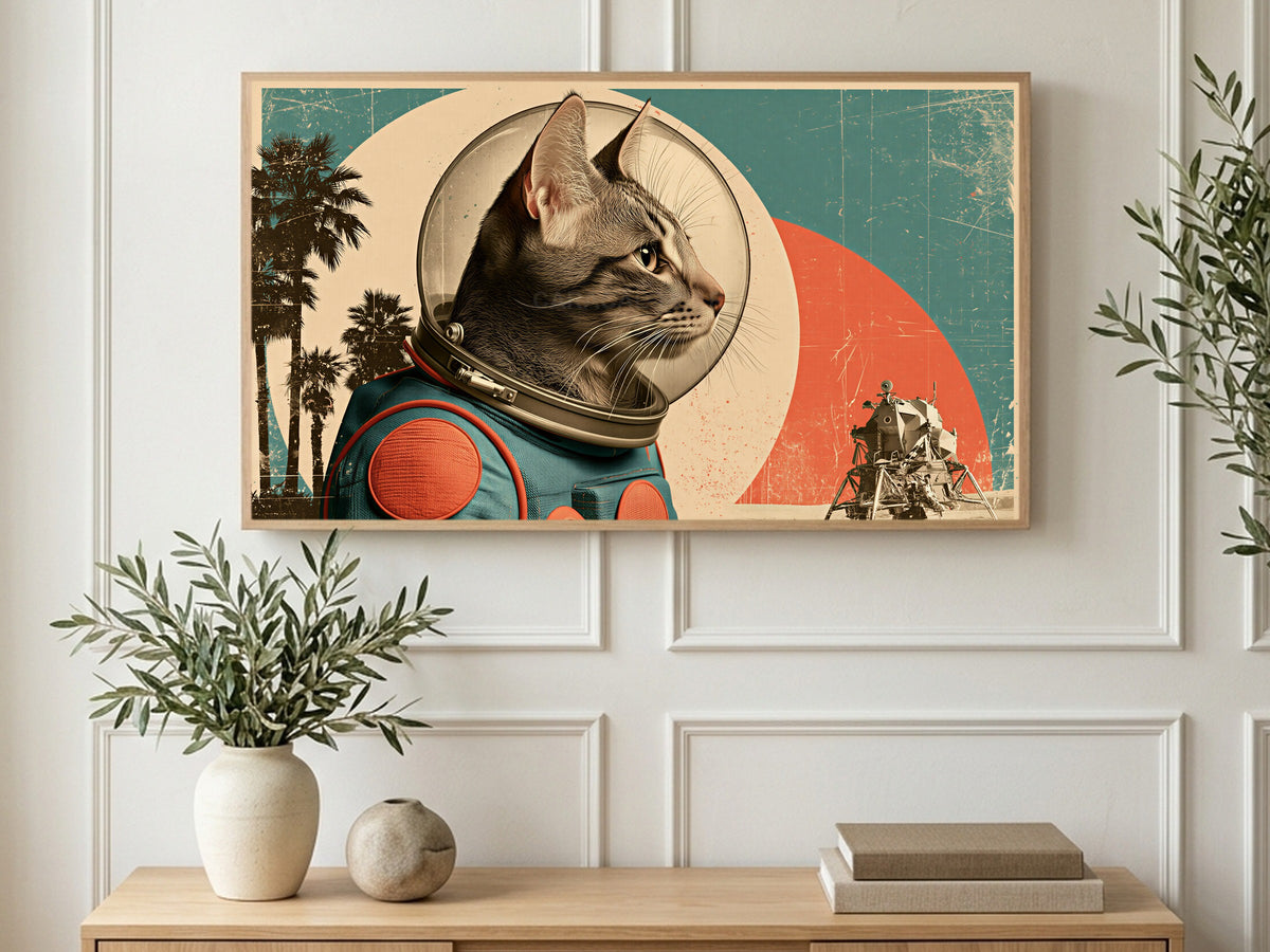 Astronaut Tabby Cat art on a TV in a living room