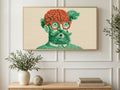 Big Brain Bearded Thinker art on a TV in a living room