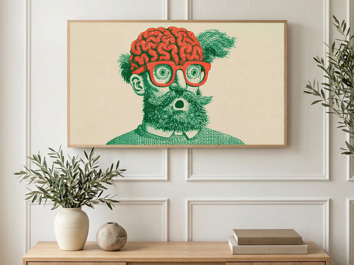 Big Brain Bearded Thinker art on a TV in a living room