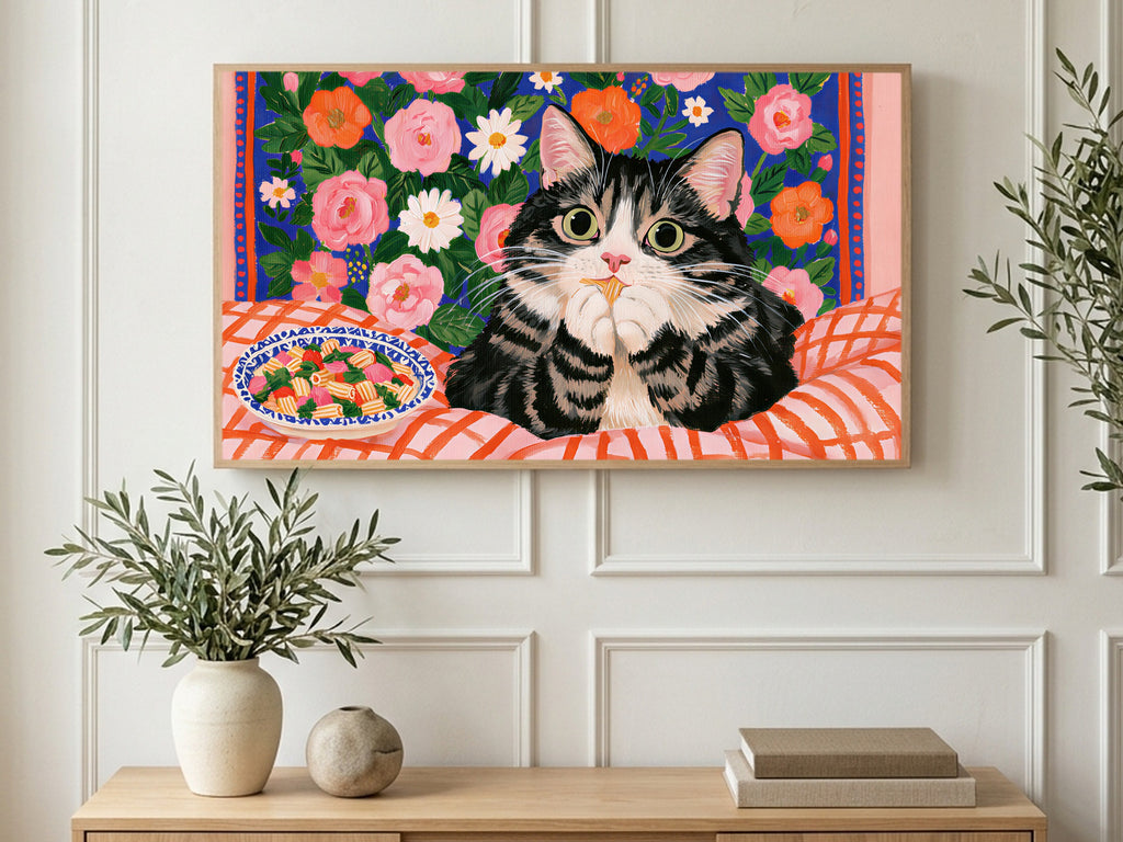 Tabby Cat Pasta Night art on a TV in a living room