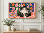 Tabby Cat Pasta Night art on a TV in a living room