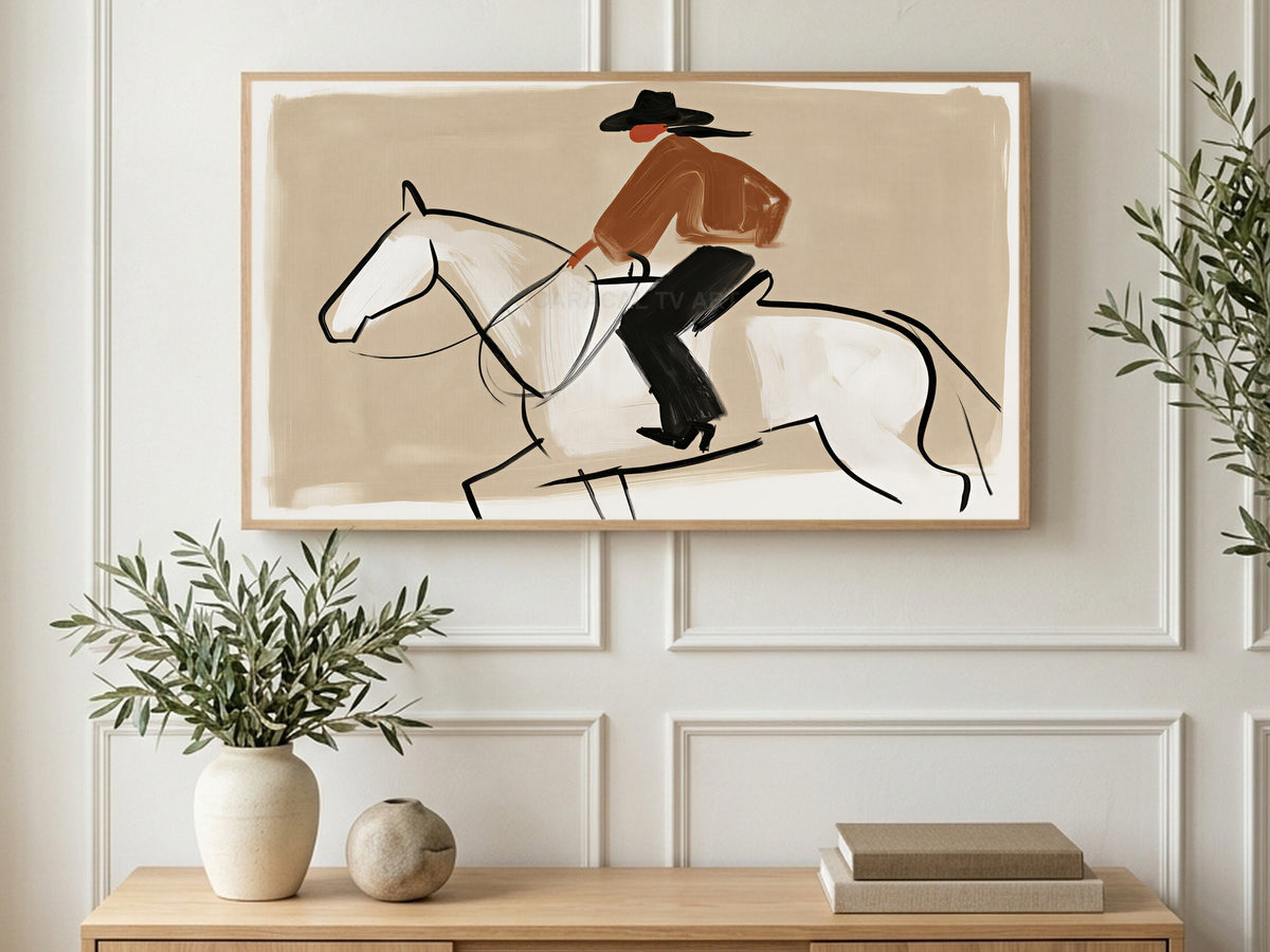 Sketchy Cowboy Rider art on a TV in a living room
