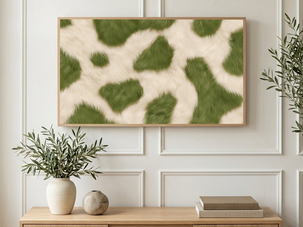 Olive Cowhide Spots art on a TV in a living room