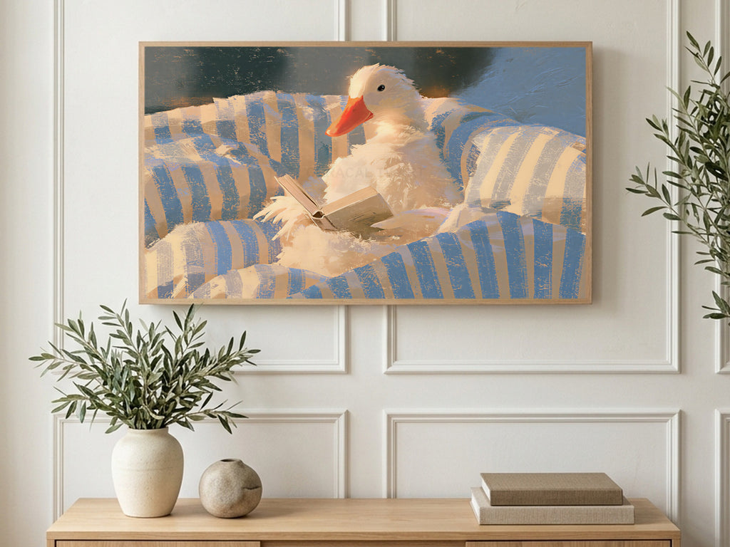 Bedtime Reading Duck art on a TV in a living room