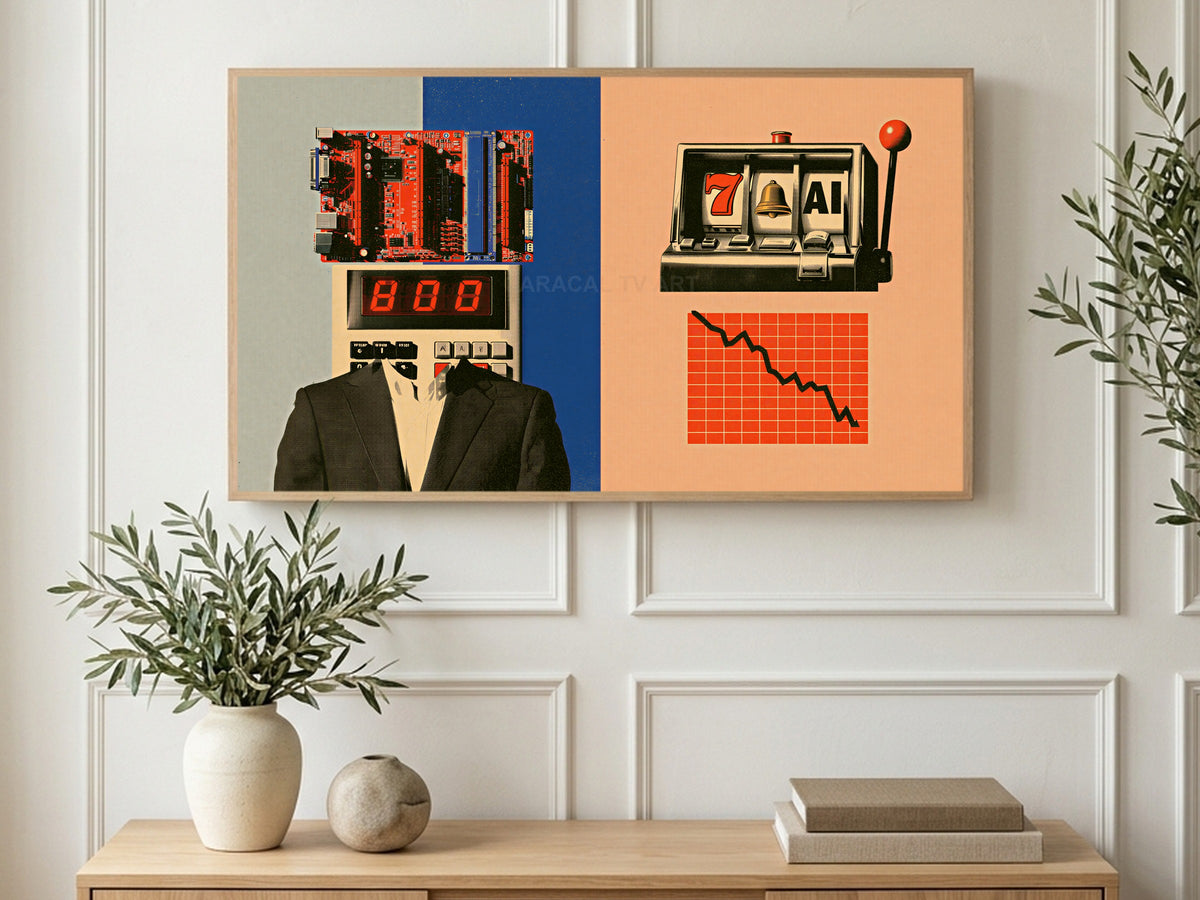 Calculator Head Gamble art on a TV in a living room