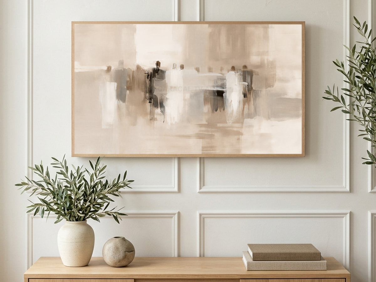 Beige Abstract Crowd art on a TV in a living room