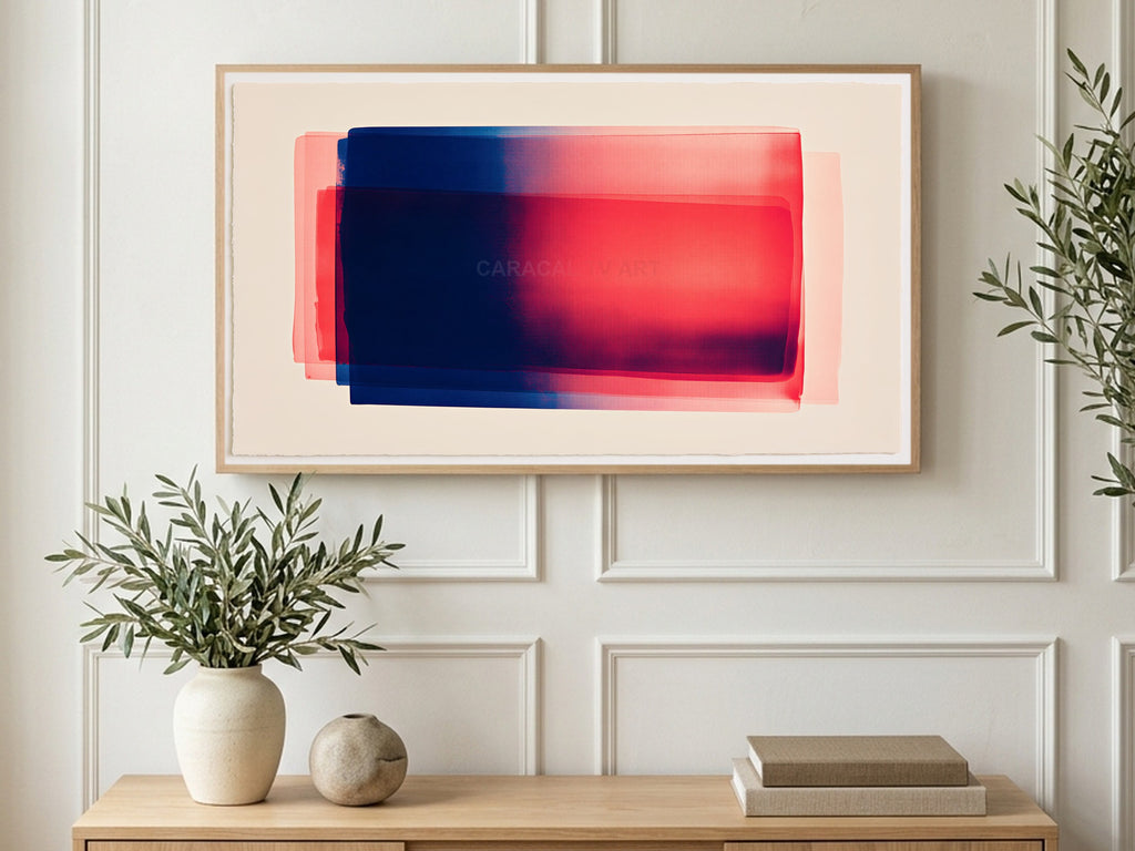 Layered Color Field art on a TV in a living room