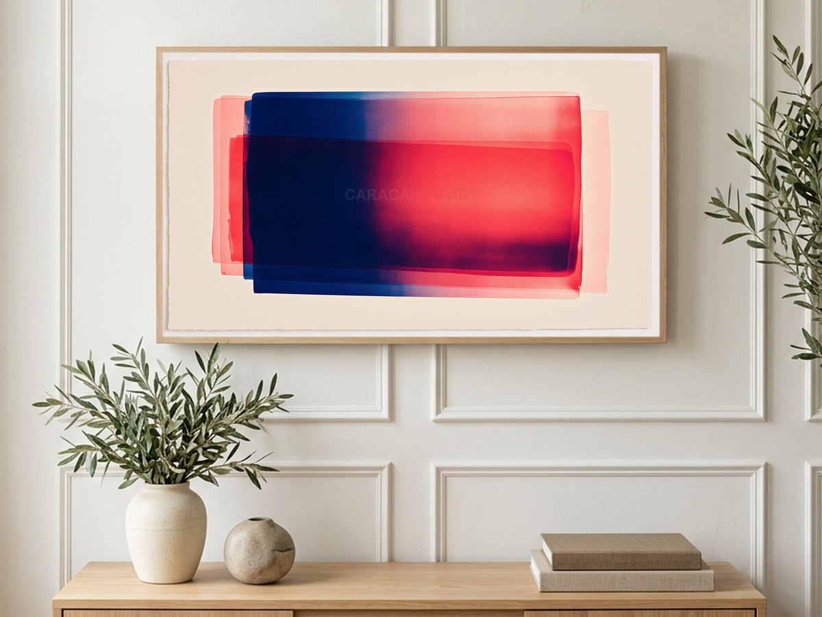 Layered Color Field art on a TV in a living room
