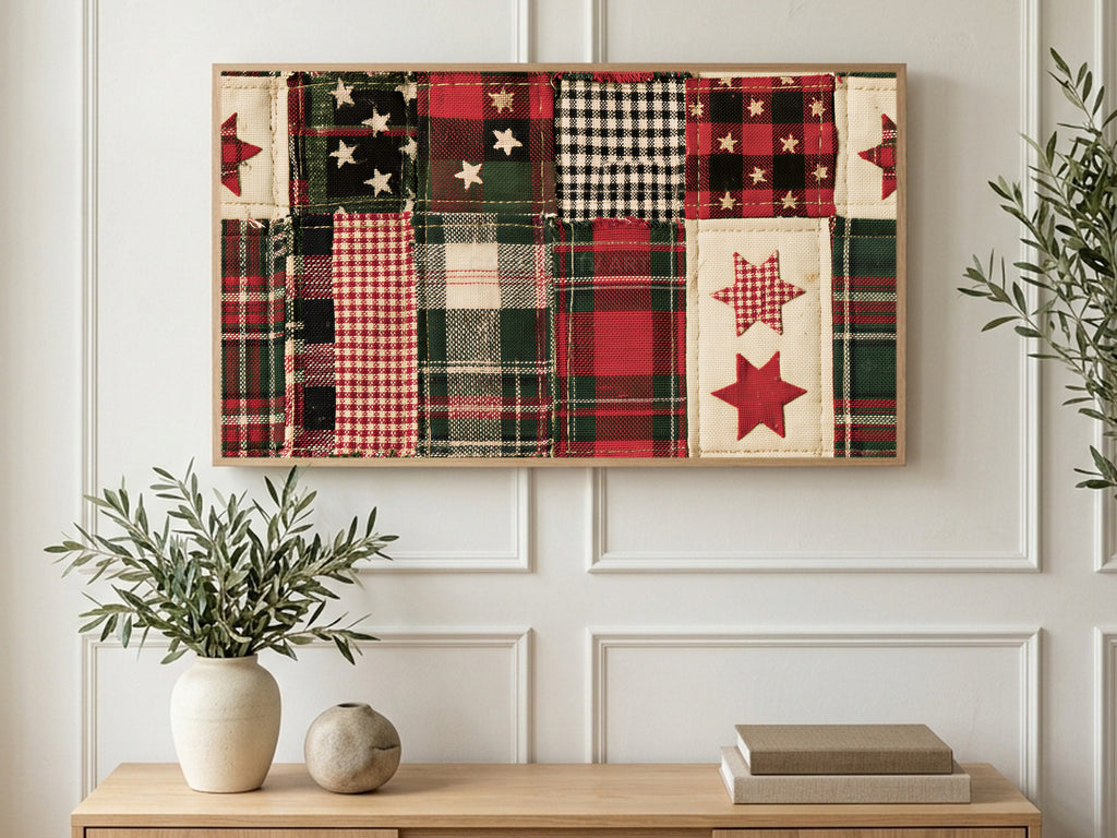 Plaid Patchwork Quilt art on a TV in a living room