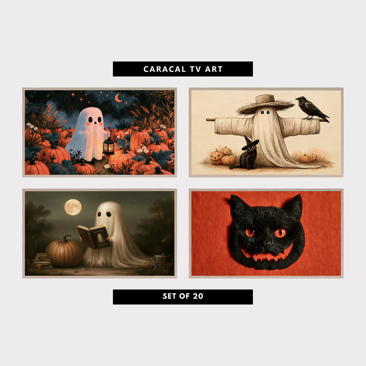 Four Halloween TV artworks: a ghost with a lantern, a ghost scarecrow, a ghost reading a book and a black cat face