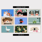 9 cute TV artworks: two Cats & Love Heart, colorful Floral Cat with Flower Crown, cute Vintage Pet Portrait, kitten in Leopard Hat, cute Kitten in a Scarf, cute Frog in the Shower, cute White Duck, Minimalist, frog Playing a Banjo in a Pond, cute Minimalist Puppy with Pink Scarf