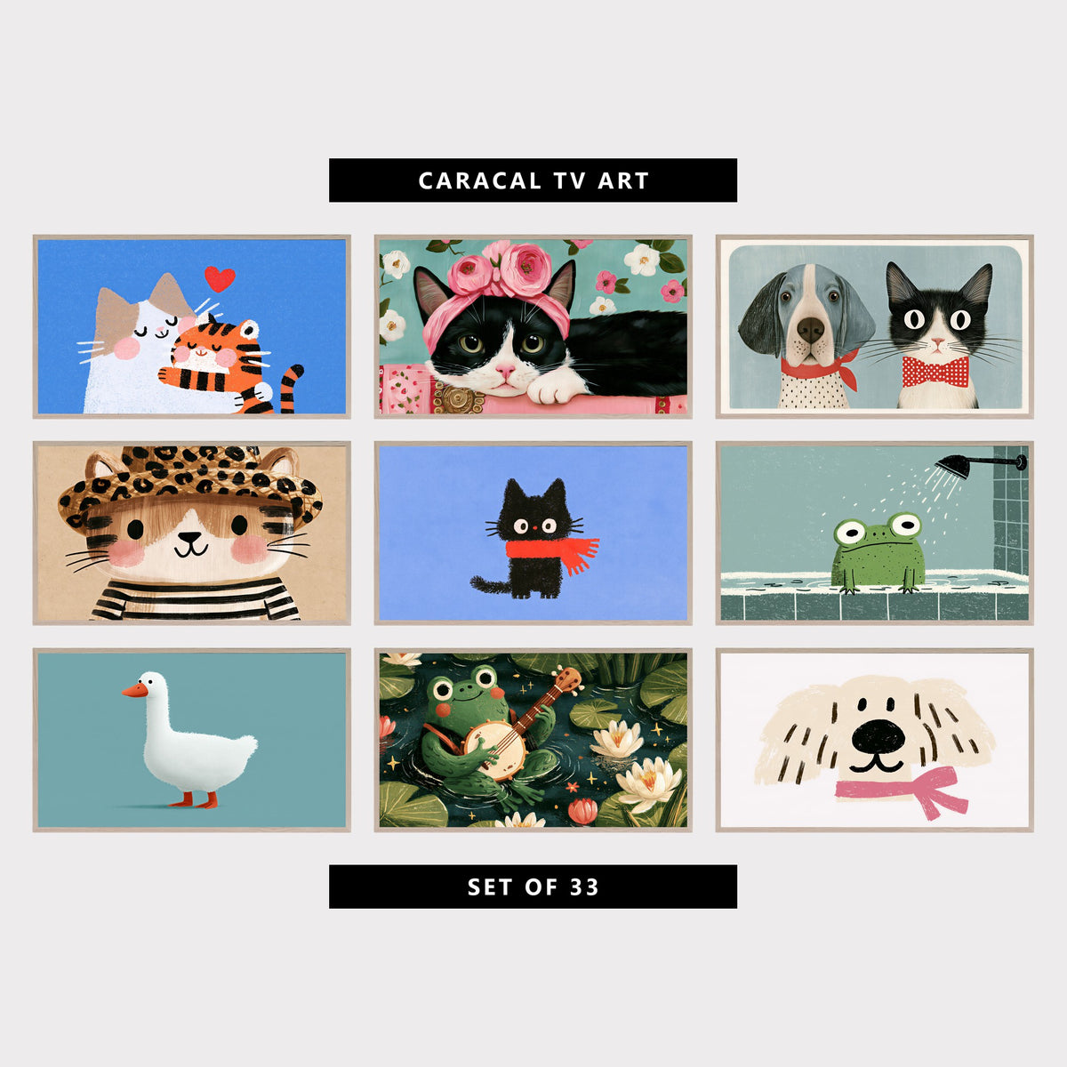 9 cute TV artworks: two Cats & Love Heart, colorful Floral Cat with Flower Crown, cute Vintage Pet Portrait, kitten in Leopard Hat, cute Kitten in a Scarf, cute Frog in the Shower, cute White Duck, Minimalist, frog Playing a Banjo in a Pond, cute Minimalist Puppy with Pink Scarf