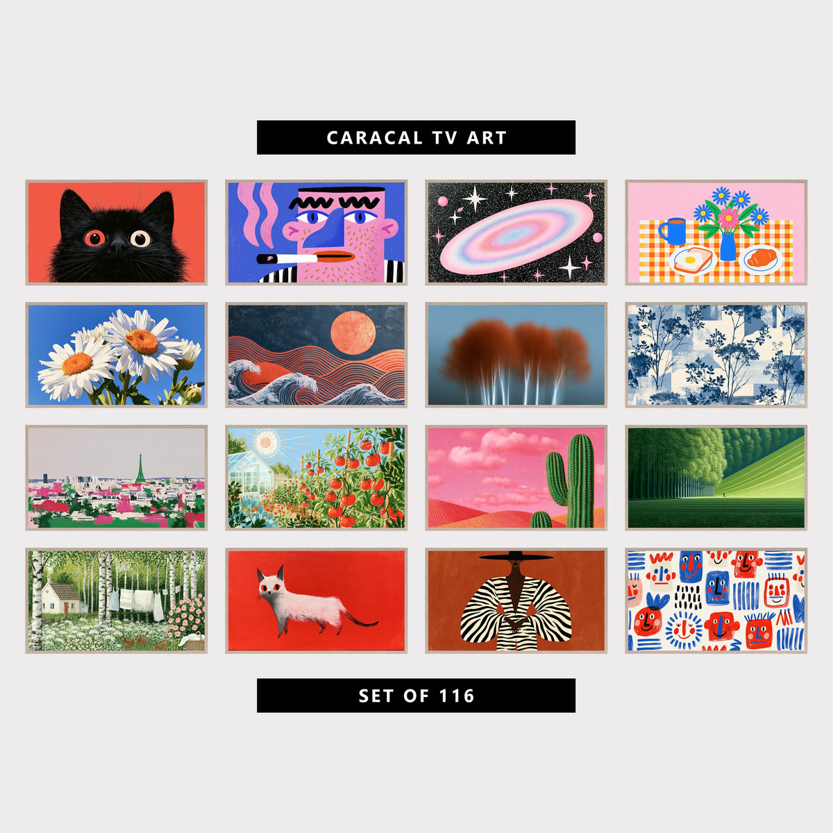 16 modern TV artworks: funny Fluffy Cat Portrait, modern Pop Art Face Portrait, pastel Galaxy & Stars, colorful Breakfast Table & Flowers, modern Daisy Flowers & Sky, japanese Waves & Sun, modern Abstract Birch Trees, modern Halftone Branches & Leaves, colorful Eiffel Tower Skyline, colorful Tomato Garden & Greenhouse, modern Saguaro Cactus & Desert Dunes, surreal Modern Green Tree Avenue & Rolling Hill, cottagecore Birch Trees, Country Cottage & Roses, and more