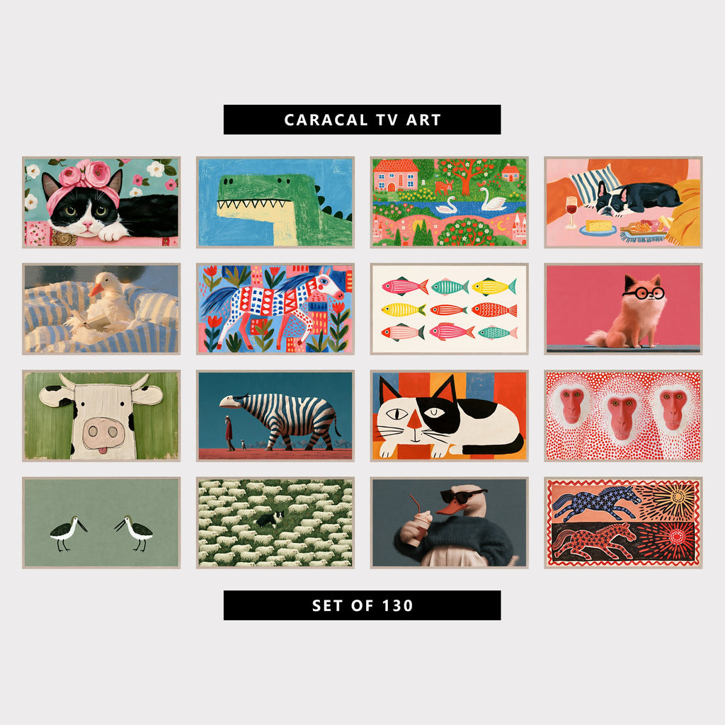 16 animal TV artworks: colorful Floral Cat with Flower Crown, funny Green Dinosaur T Rex, colorful Storybook Village & Swans, funny French Bulldog, Wine & Cheese, cute Duck Reading in Bed, colorful Horse & Tulips, colorful Folk Fish, fluffy Dog in Round Glasses, funny Farmhouse Cow Portrait, surreal Striped Beast & Bearded Man, mid Century Black and White Cat, modern Snow Monkeys & Red Dots, minimalist Shorebirds, border Collie & Flock of Sheep, and more
