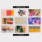 9 abstract TV artworks: modern Mid Century Color Blocks, expressive Screaming Faces, textured Pastel Paint Strokes, modern Boho Brushstrokes, abstract Pastel Flowers, modern Pop Art Face Portrait, neutral Impressionist Cafe Figures, modern Glossy Paint Strokes & Impasto, minimalist Lines & Color Block