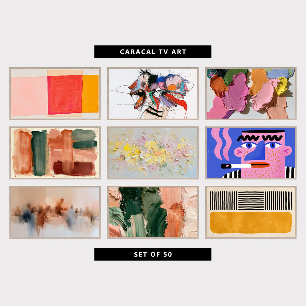 9 abstract TV artworks: modern Mid Century Color Blocks, expressive Screaming Faces, textured Pastel Paint Strokes, modern Boho Brushstrokes, abstract Pastel Flowers, modern Pop Art Face Portrait, neutral Impressionist Cafe Figures, modern Glossy Paint Strokes & Impasto, minimalist Lines & Color Block