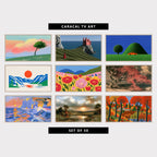 9 landscape TV artworks: pastel Sunset Tree on a Hill, surreal Fairytale Castle on a Sea Cliff, retro Red Car, Tree & Green Hill, retro Mountain Lake & Sun, colorful Poppy Field, Hills & Wildflowers, vintage Japanese Tree & Clouds, impressionist Sea Cliffs, Sunset & Waves, vintage Golden Hour River, Countryside & Clouds, folk Art Autumn Countryside & Farmhouse