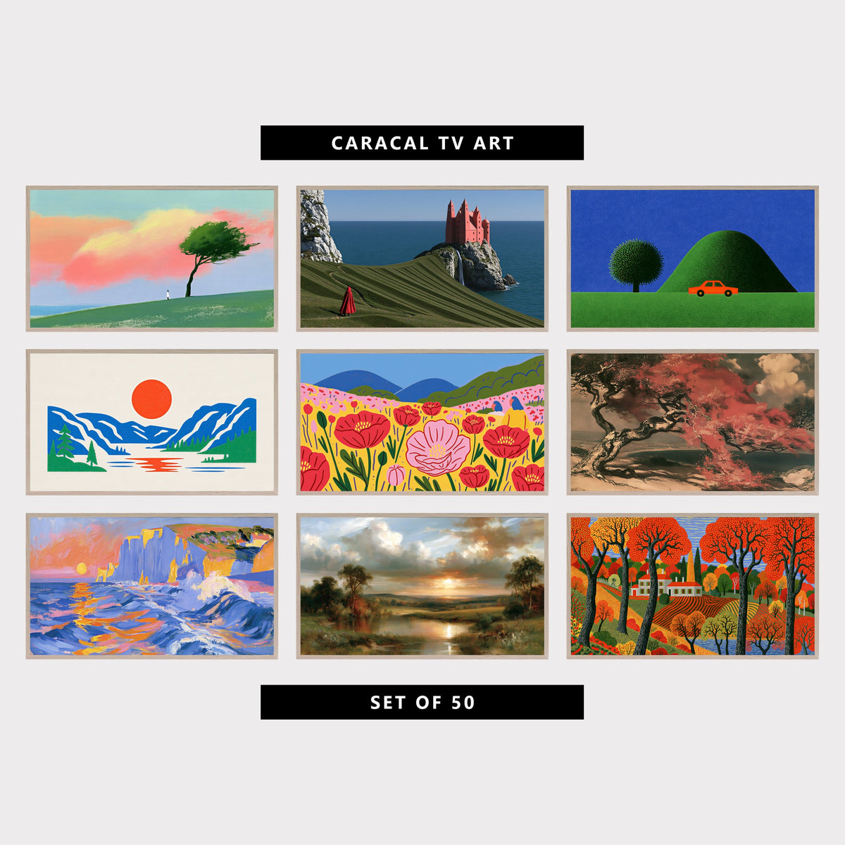 9 landscape TV artworks: pastel Sunset Tree on a Hill, surreal Fairytale Castle on a Sea Cliff, retro Red Car, Tree & Green Hill, retro Mountain Lake & Sun, colorful Poppy Field, Hills & Wildflowers, vintage Japanese Tree & Clouds, impressionist Sea Cliffs, Sunset & Waves, vintage Golden Hour River, Countryside & Clouds, folk Art Autumn Countryside & Farmhouse