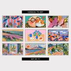 9 colorful TV artworks: colorful Horse & Tulips, man & His Ginger Cat, textured Pastel Paint Strokes, impressionist Heather Hills Landscape, colorful Breakfast Table & Flowers, embroidery Style Istanbul Galata Tower, colorful Mediterranean Garden View, colorful Crayon Mount Fuji, Lake & Sun, italian Countryside, Cypress & Checkerboard