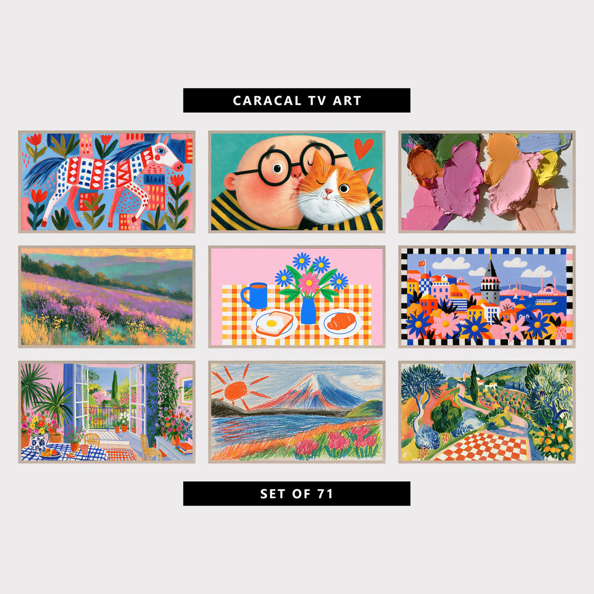 9 colorful TV artworks: colorful Horse & Tulips, man & His Ginger Cat, textured Pastel Paint Strokes, impressionist Heather Hills Landscape, colorful Breakfast Table & Flowers, embroidery Style Istanbul Galata Tower, colorful Mediterranean Garden View, colorful Crayon Mount Fuji, Lake & Sun, italian Countryside, Cypress & Checkerboard