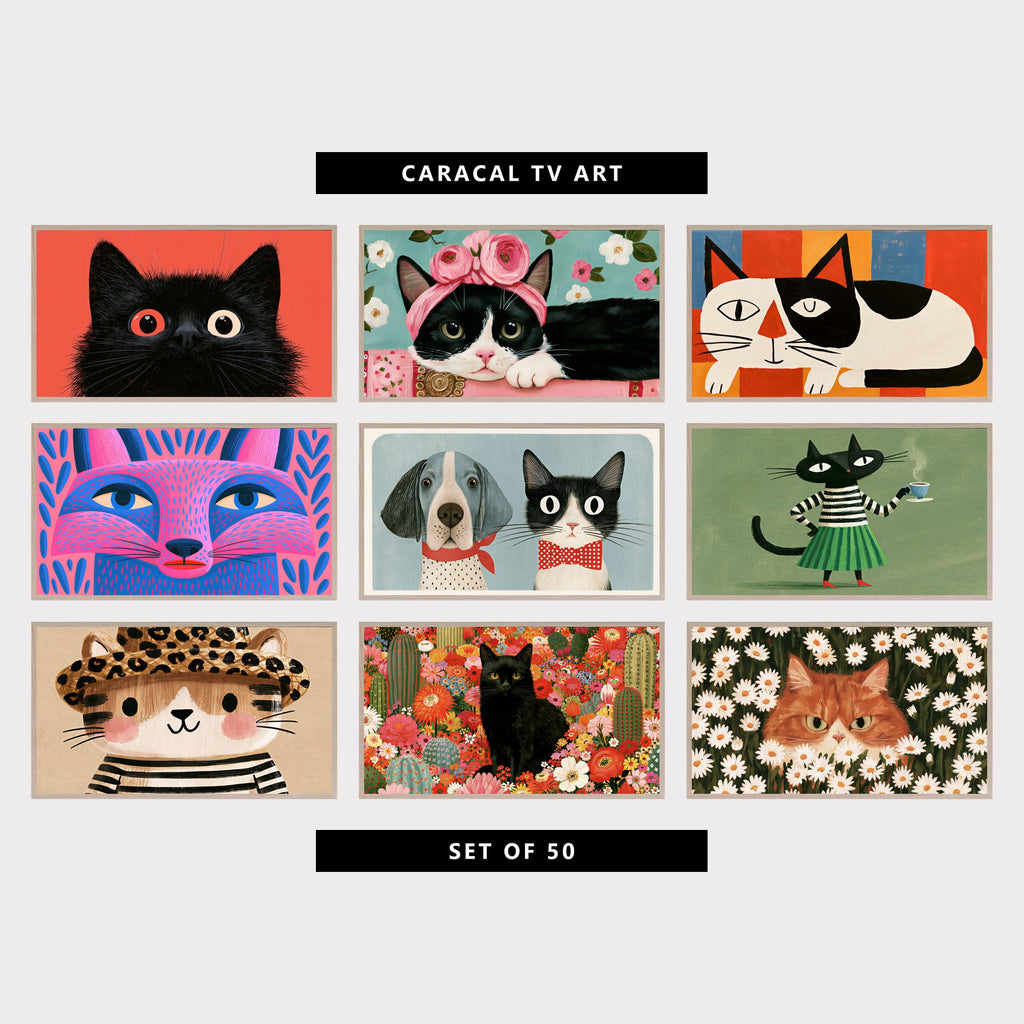 9 cat TV artworks: funny Fluffy Cat Portrait, colorful Floral Cat with Flower Crown, mid Century Black and White Cat, colorful Fox Portrait, cute Vintage Pet Portrait, mid Century Black Cat with Tea, kitten in Leopard Hat, colorful Flowers & Cactus Garden, grumpy Ginger Cat in Daisies