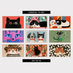 9 cat TV artworks: funny Fluffy Cat Portrait, colorful Floral Cat with Flower Crown, mid Century Black and White Cat, colorful Fox Portrait, cute Vintage Pet Portrait, mid Century Black Cat with Tea, kitten in Leopard Hat, colorful Flowers & Cactus Garden, grumpy Ginger Cat in Daisies