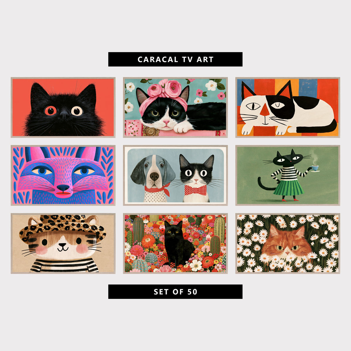 9 cat TV artworks: funny Fluffy Cat Portrait, colorful Floral Cat with Flower Crown, mid Century Black and White Cat, colorful Fox Portrait, cute Vintage Pet Portrait, mid Century Black Cat with Tea, kitten in Leopard Hat, colorful Flowers & Cactus Garden, grumpy Ginger Cat in Daisies