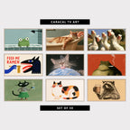 Nine funny TV artworks: frog in the shower, ginger cat relaxing in a bathtub, curious white geese on a farm, "Feed Me Ramen" monster, cat in space licking planet Earth, grumpy toad with a cigarette, black cat in a striped shirt with tea, chubby calico cat, raccoon with a beer mug, vintage engraving