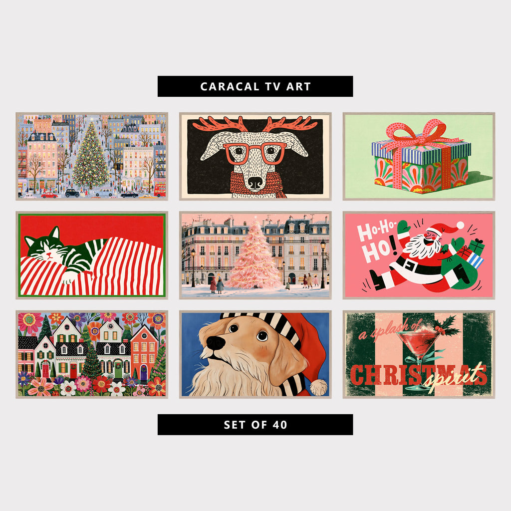 Nine Christmas TV artworks: a city tree in the snow, a whippet in antlers, a gift box, a striped cat, a pink Paris tree, a jumping Santa, a folk village, a retriever in a Santa hat and a cocktail poster
