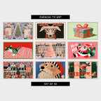 Nine Christmas TV artworks: a city tree in the snow, a whippet in antlers, a gift box, a striped cat, a pink Paris tree, a jumping Santa, a folk village, a retriever in a Santa hat and a cocktail poster