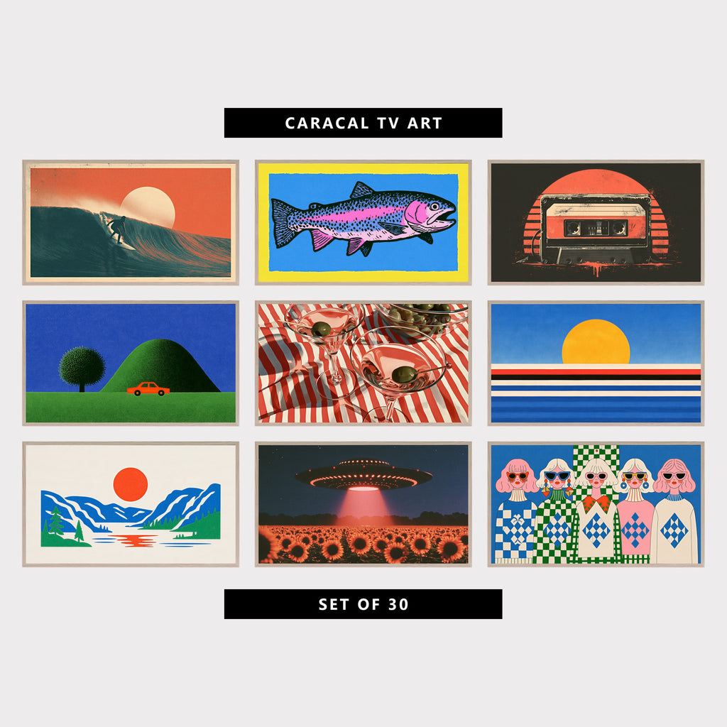 9 retro TV artworks: vintage Surfer & Wave, retro Linocut Rainbow Trout Fish, 80s Music Cassette Tape & Sunset, retro Red Car, Tree & Green Hill, retro Martini Cocktails & Olives, retro Sunset over the Sea, Minimalist Stripes, retro Mountain Lake & Sun, surreal UFO over a Sunflower Field, retro Women in Sunglasses & Checkered Sweaters