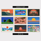9 retro TV artworks: vintage Surfer & Wave, retro Linocut Rainbow Trout Fish, 80s Music Cassette Tape & Sunset, retro Red Car, Tree & Green Hill, retro Martini Cocktails & Olives, retro Sunset over the Sea, Minimalist Stripes, retro Mountain Lake & Sun, surreal UFO over a Sunflower Field, retro Women in Sunglasses & Checkered Sweaters