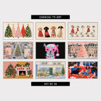 Nine modern Christmas TV artworks: row of colorful Christmas trees with stars, four dogs in Christmas sweaters, geese in Santa hats and red coats, colorful city street with a big Christmas tree in the snow, llama in a Santa hat and pink glasses, paris square with a pink Christmas tree in the snow, christmas tree and fireplace with stockings, flower shop with a wreath in the snow, woman with her dog and cat on a red sofa, snow outside