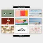 9 minimalist TV artworks: minimalist Shorebirds, modern Mid Century Color Blocks, neutral Minimalist Snowy Landscape, modern Figure with Daisy Bouquet, pastel Sunset Tree on a Hill, minimalist Ocean View Terrace & Lemonade, minimalist Leaf Shadows, minimalist Croissant Etching, minimalist Rose Line Drawing