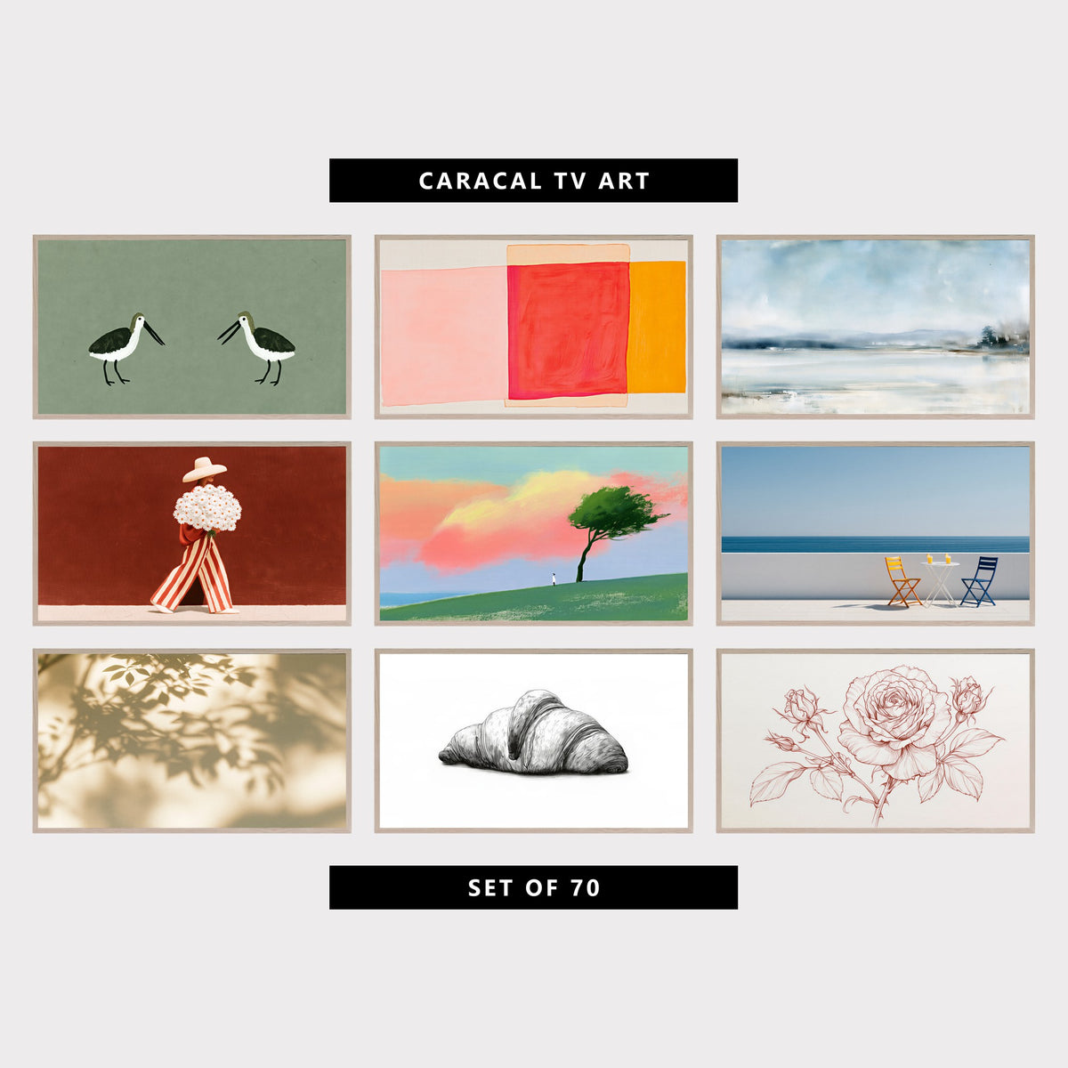 9 minimalist TV artworks: minimalist Shorebirds, modern Mid Century Color Blocks, neutral Minimalist Snowy Landscape, modern Figure with Daisy Bouquet, pastel Sunset Tree on a Hill, minimalist Ocean View Terrace & Lemonade, minimalist Leaf Shadows, minimalist Croissant Etching, minimalist Rose Line Drawing