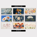 9 floral TV artworks: neutral Hydrangea Flowers, moody Sunflowers in a Vase, Floral Still Life, textured Blossoms & Oranges, modern Daisy Flowers & Sky, grandmillennial Peonies & Chintz Flowers, embroidery Style Hydrangea Flower, minimalist Rose Line Drawing, mid Century Poppies, Sun & Hills, minimalist Tulips