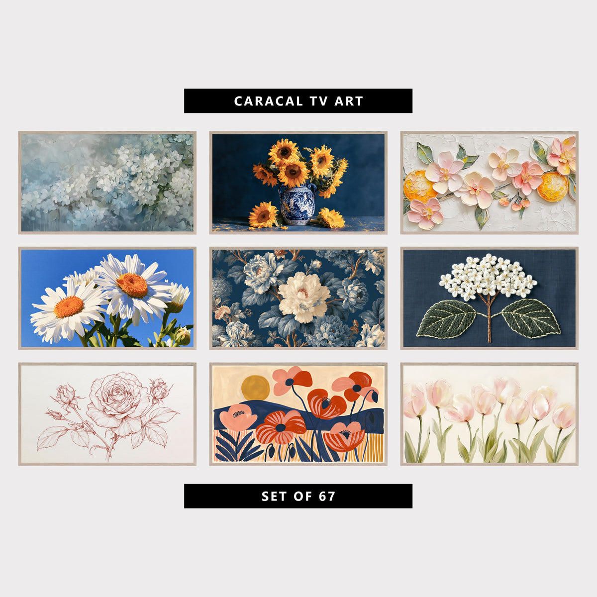 9 floral TV artworks: neutral Hydrangea Flowers, moody Sunflowers in a Vase, Floral Still Life, textured Blossoms & Oranges, modern Daisy Flowers & Sky, grandmillennial Peonies & Chintz Flowers, embroidery Style Hydrangea Flower, minimalist Rose Line Drawing, mid Century Poppies, Sun & Hills, minimalist Tulips