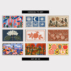 9 folk art TV artworks: colorful Horse & Tulips, celestial Sun, Moon & Stars, vintage Embroidery Style Cowboy & Cactus, embroidery Style Hydrangea Flower, vintage Pomegranate Linocut, folk Art Pumpkins & Wildflowers, embroidery Style Istanbul Galata Tower, folk Art Autumn Countryside & Farmhouse, colorful Folk Art Pomegranate, Avocado & Apple